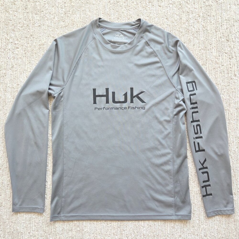 Huk Performance Crew Fishing Long Sleeve Shirt Top Gray UPF Mens Small READ